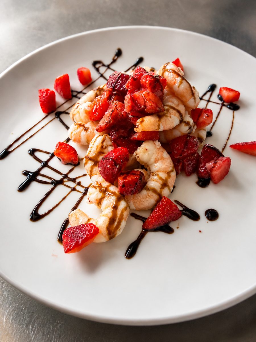 Gamberi e fragole con glassa di aceto balsamico